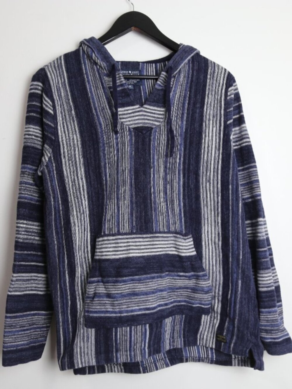 Lucky Brand Mens Navy White Striped Baja Hoodie Knit Sweater Beachy Sz Medium